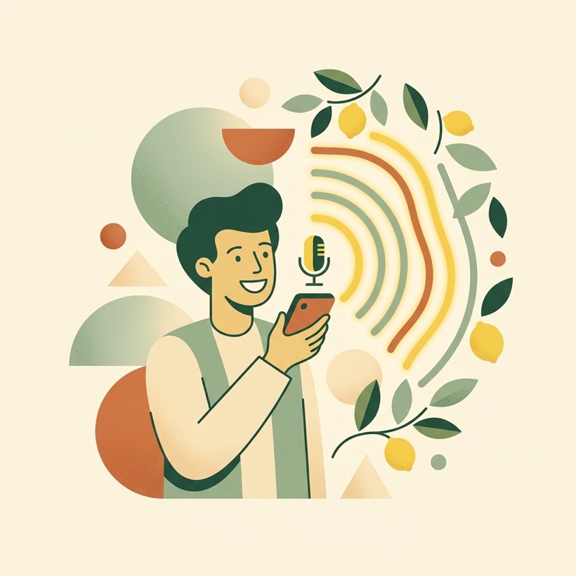 Illustrazione: una persona parla allo smartphone con onde vocali