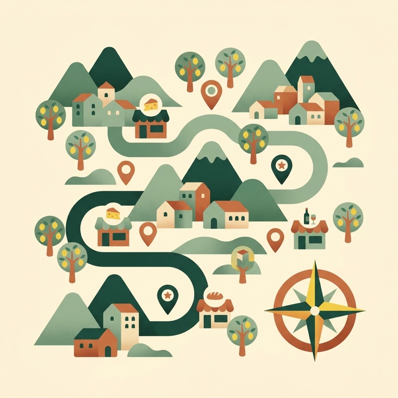 Illustrazione: mappa dei borghi con sentieri, pin e produttori locali